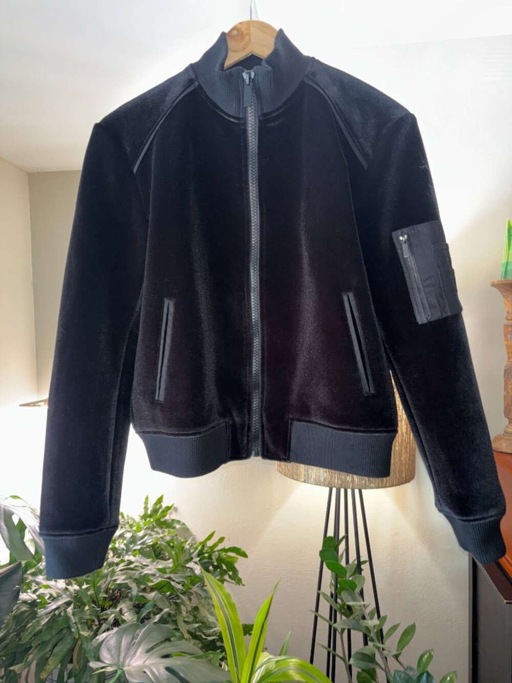 ALALA Black Velvet Bomber Jacket Size Small Like New Athleisure Luxe
